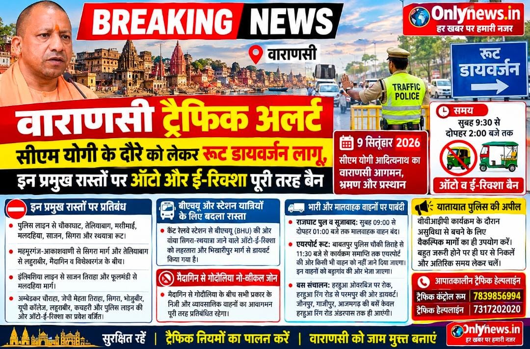 वाराणसी ट्रैफिक अलर्ट: सीएम योगी के दौरे को लेकर रूट डायवर्जन लागू, इन प्रमुख रास्तों पर ऑटो और ई-रिक्शा पूरी तरह बैन
