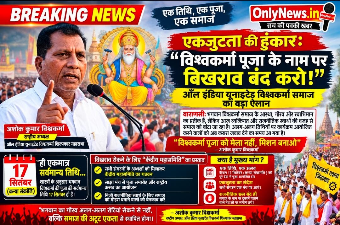 एकजुटता की हुंकार: “विश्वकर्मा पूजा के नाम पर बिखराव बंद करो!”, ऑल इंडिया यूनाइटेड विश्वकर्मा समाज का बड़ा ऐलान